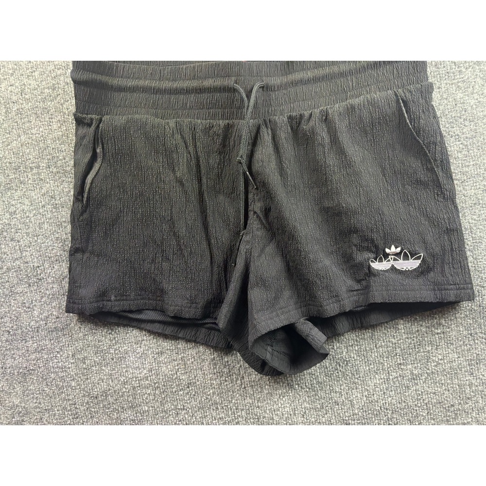 Adidas Shorts Womens XL Black Crinkle Textured Trefoil Logo Pockets